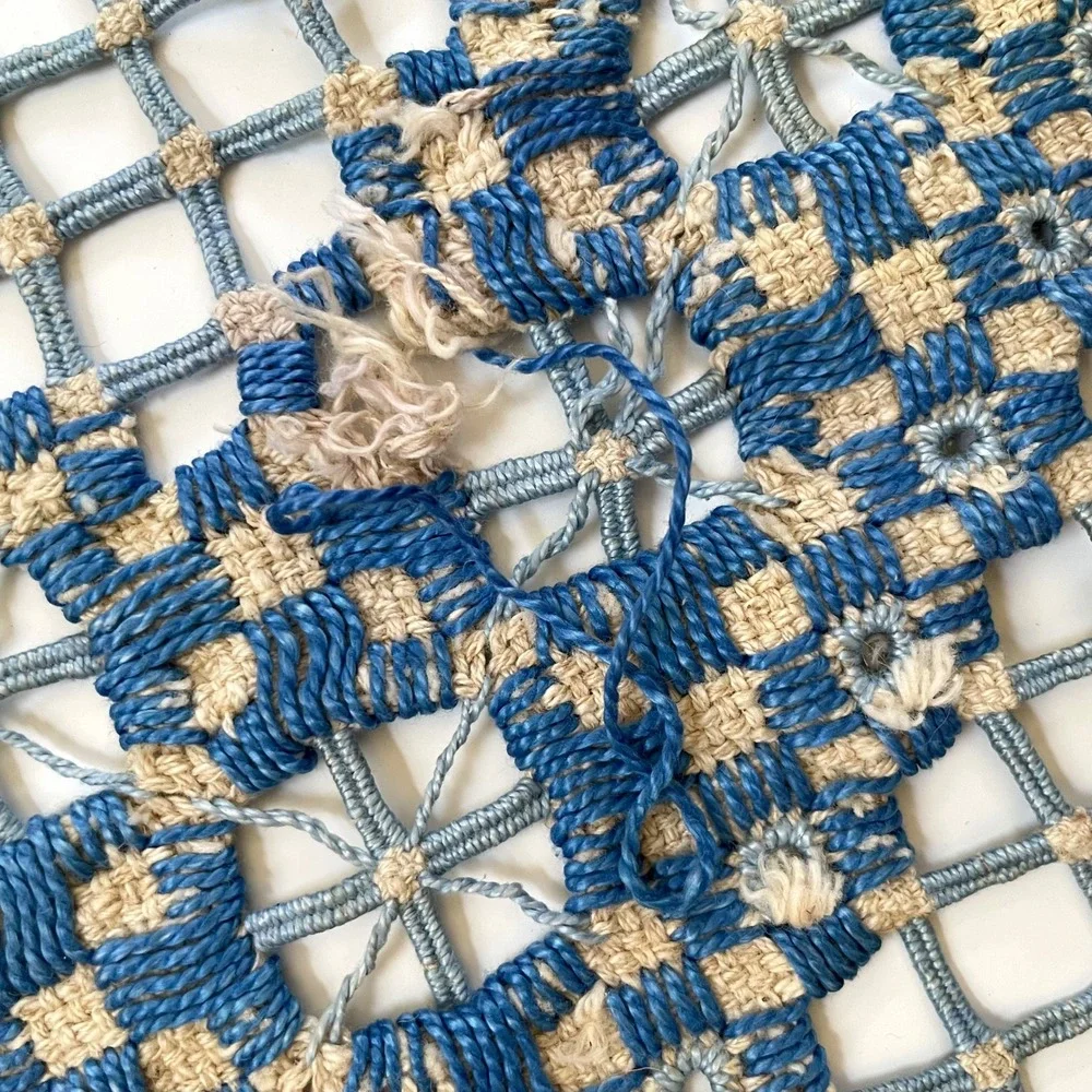 Antique Hand Embroidered Hardanger Lace Table Topper Doily Vintage Blue Natural